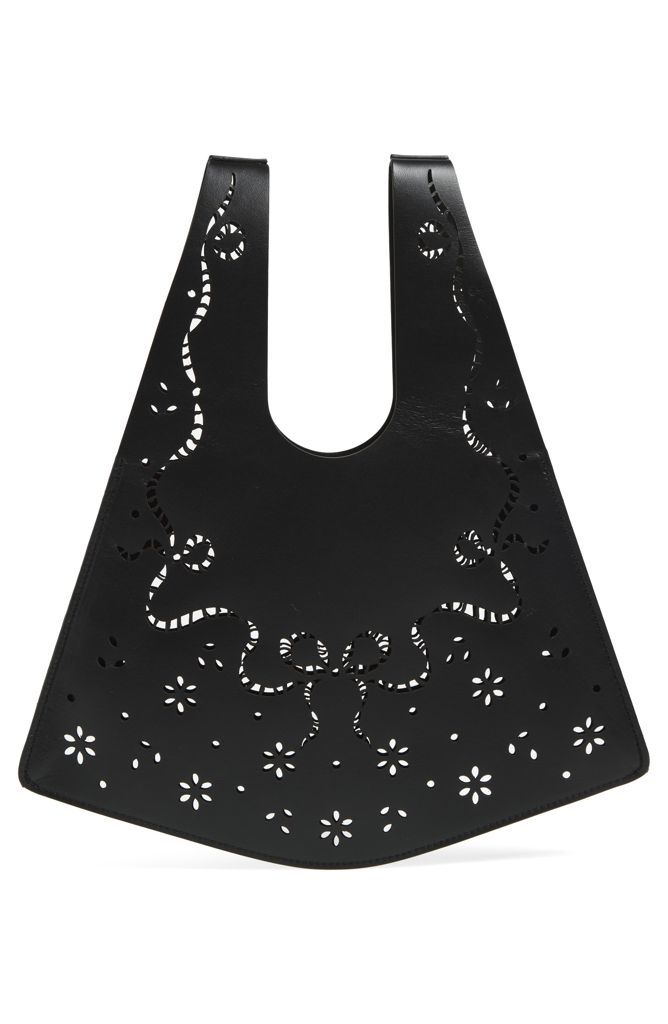 Mini Lasercut Leather Shopper, Alternate, color, BLACK