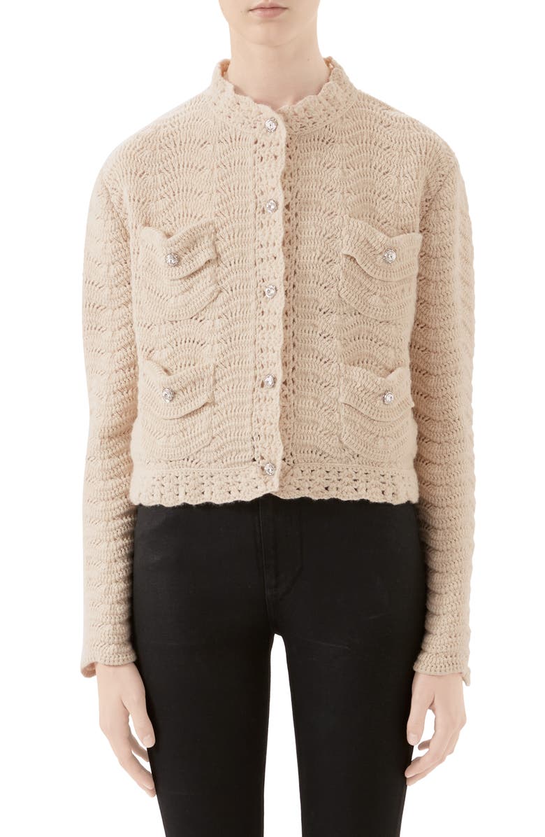 Gucci Jewel Button Crochet Wool Sweater Jacket, Main, color, 