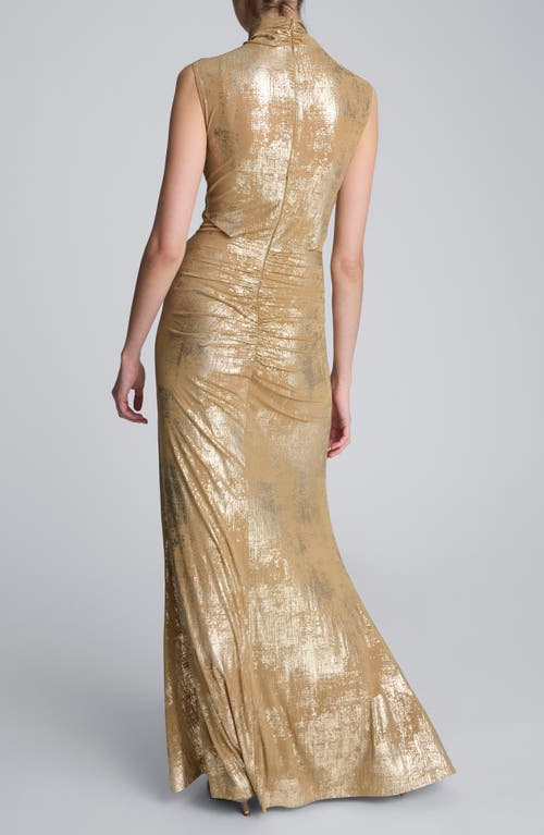 Kenneth Cole Metallic Foil Mesh Pleated Bodice Maxi Dress In Gold