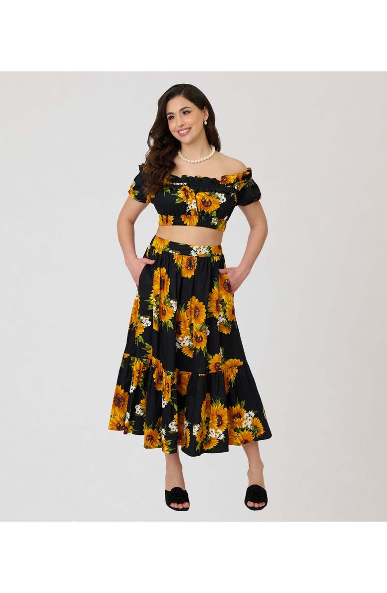 Unique Vintage 1950s Tiered Midi Skirt, Main, color, Black Sunflower Print