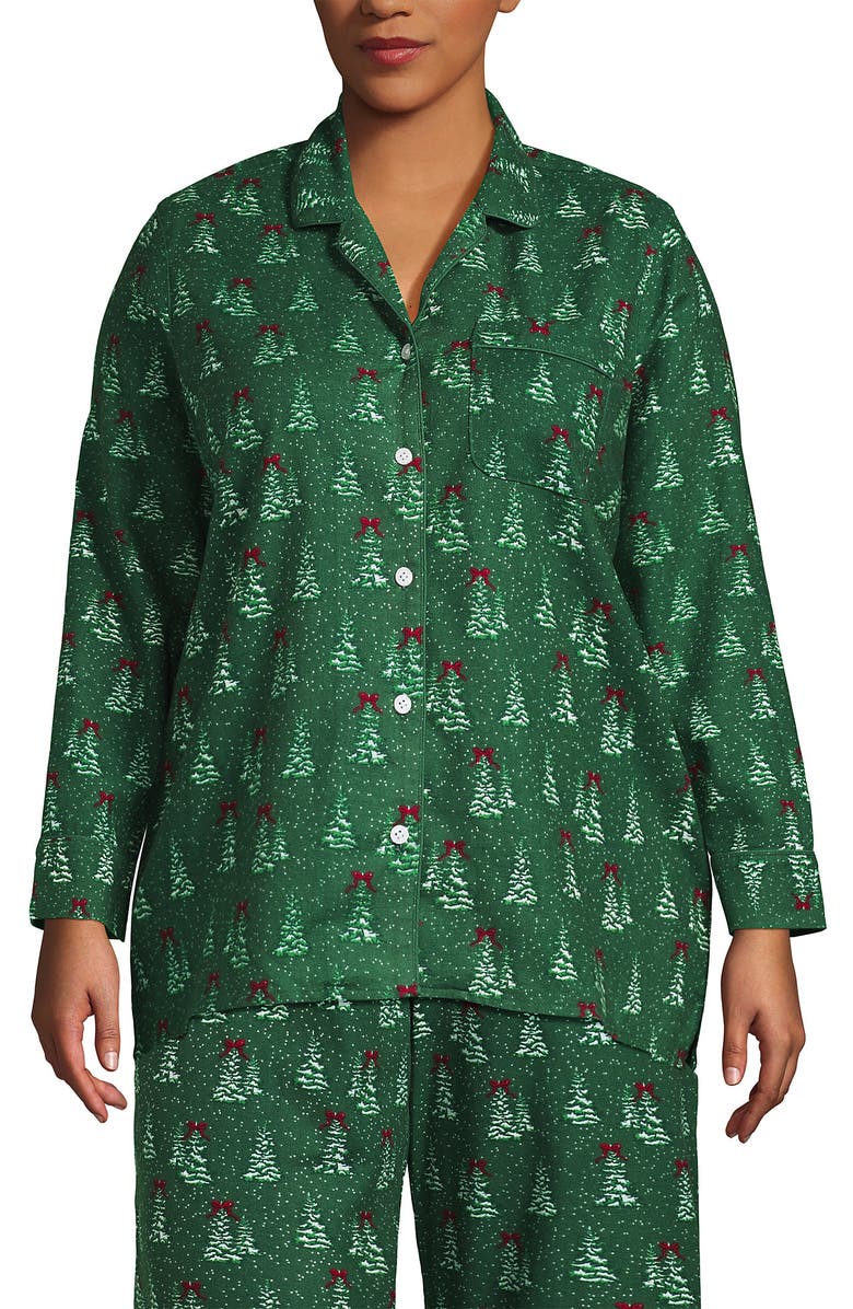 Lands' End Plus Size Long Sleeve Print Flannel Pajama Top, Main, color, Light Emerald Snowy Trees
