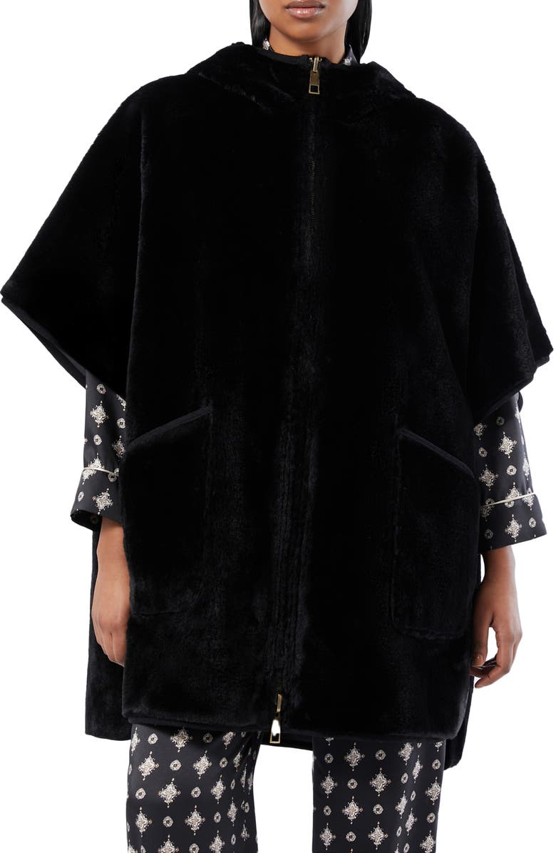 Marina Rinaldi Gel Reversible Faux Fur Hooded Cape, Alternate, color, Black