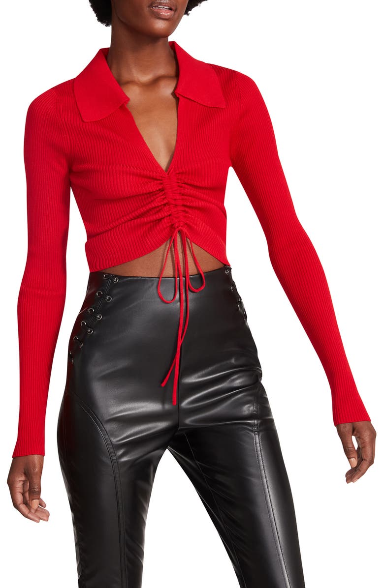 Steve Madden Maggie Cinch Waist Long Sleeve Top, Alternate, color, Bright Red