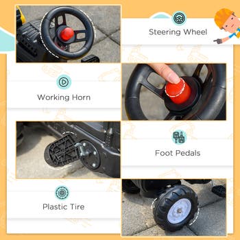 Kid's Pedal Digger Construction Car with Horn, Detachable Trailer