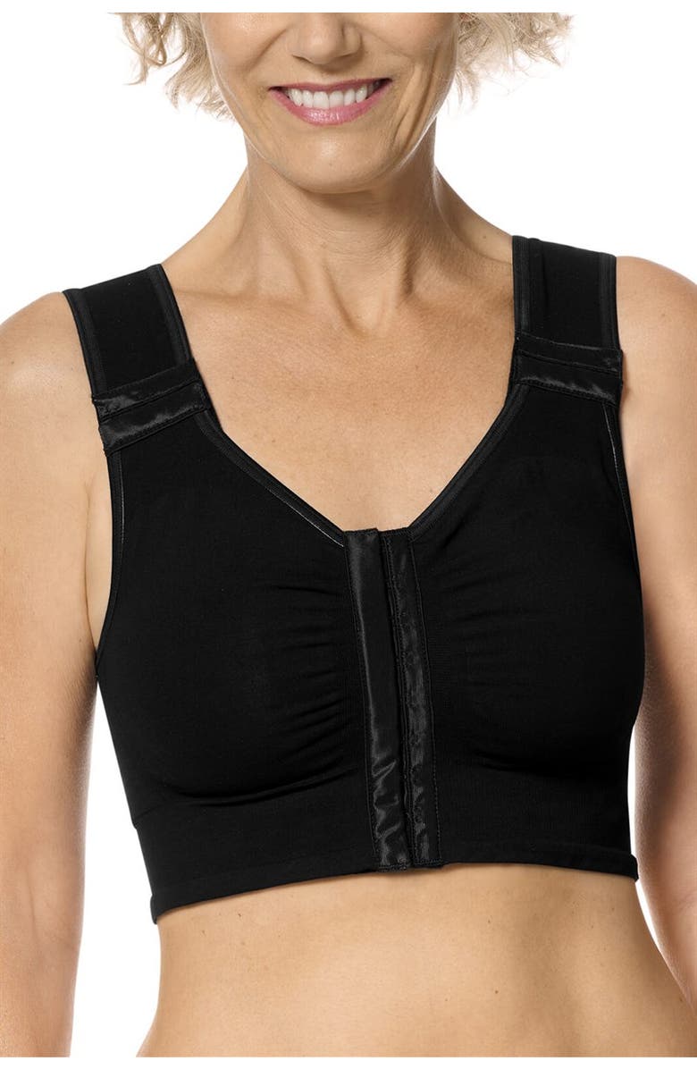 Amoena Lymph Flow Long Wire-Free Front Closure Bra, Main, color, Black