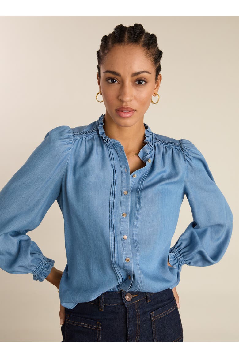 Zoe Frill Neck Blouse, Alternate, color, Mid Indigo