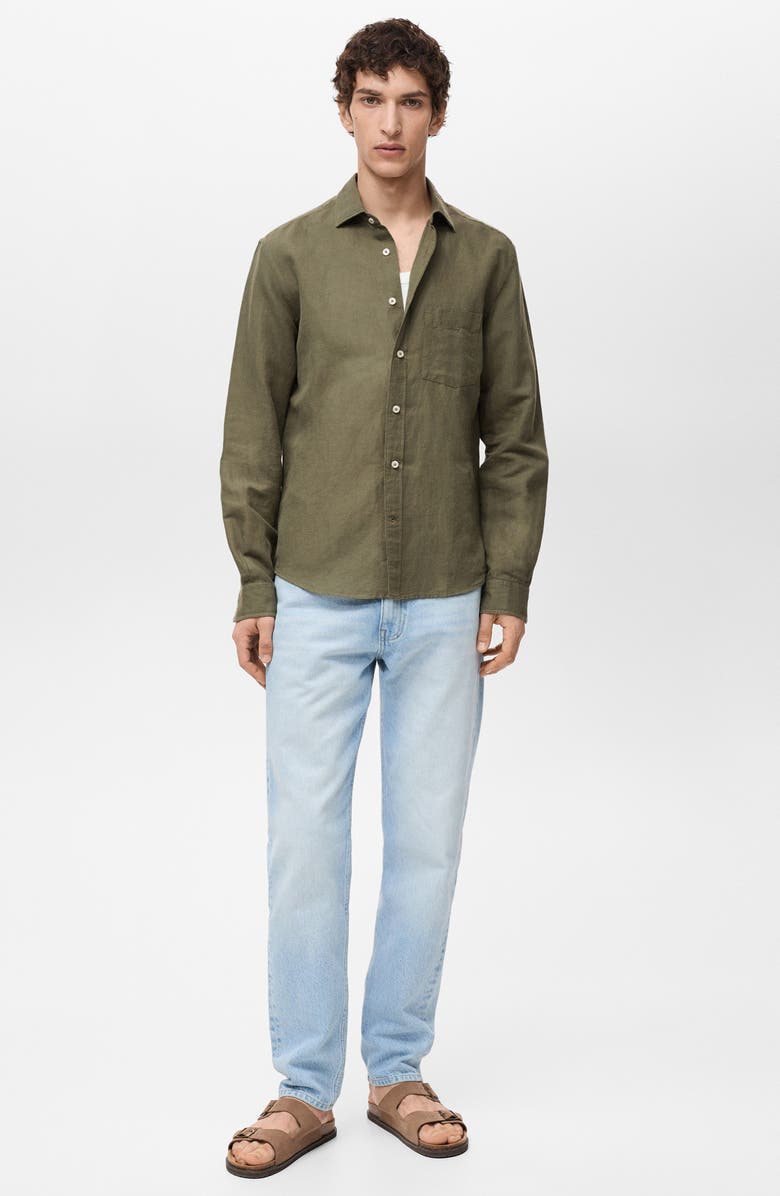 MANGO Classic Fit Linen 
Cotton Button-Up Shirt, Alternate, color, Khaki Green