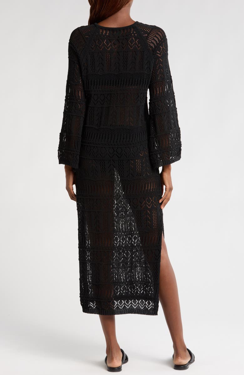 Elan Lace Knit Long Sleeve Cover-Up Midi Dress, Alternate, color, Black