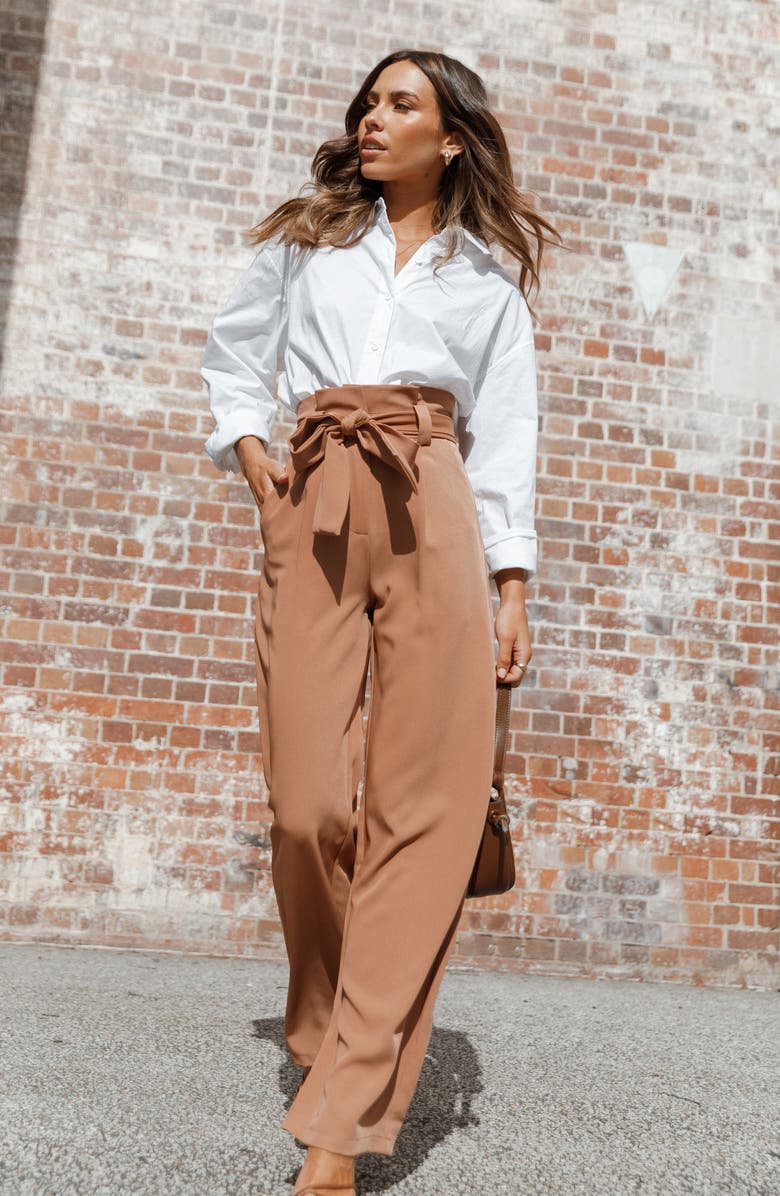 Petal & Pup Kieran Tie Waist Wide Leg Pants, Alternate, color, Tan