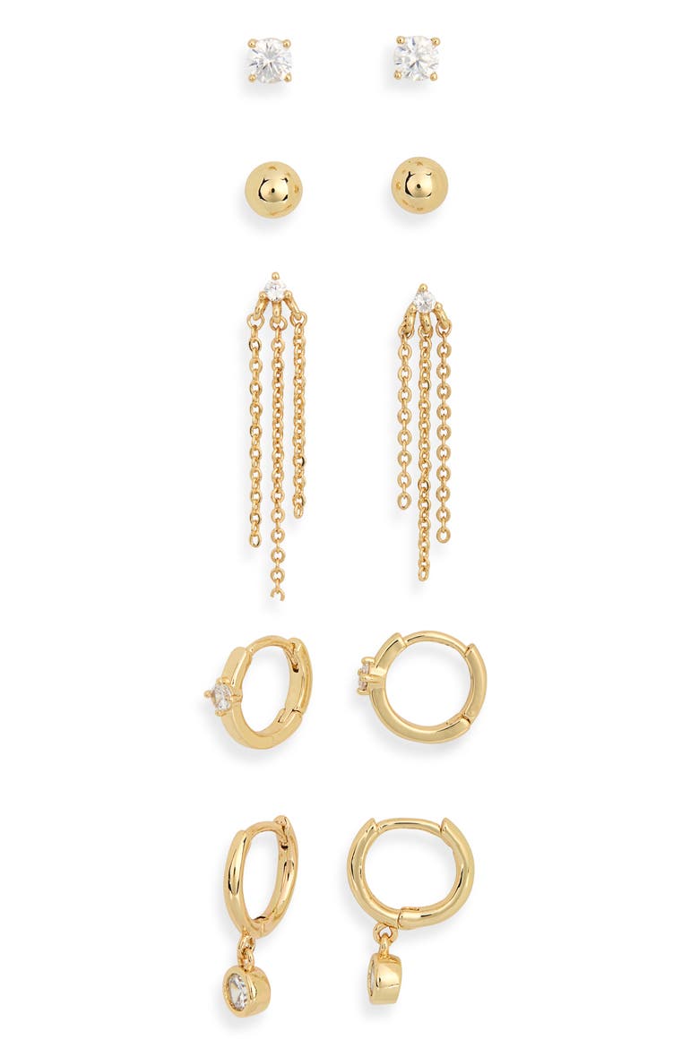 Demi-Fine 5-Pack Assorted Everyday Essential Earrings, Alternate, color, CLEAR- GOLD