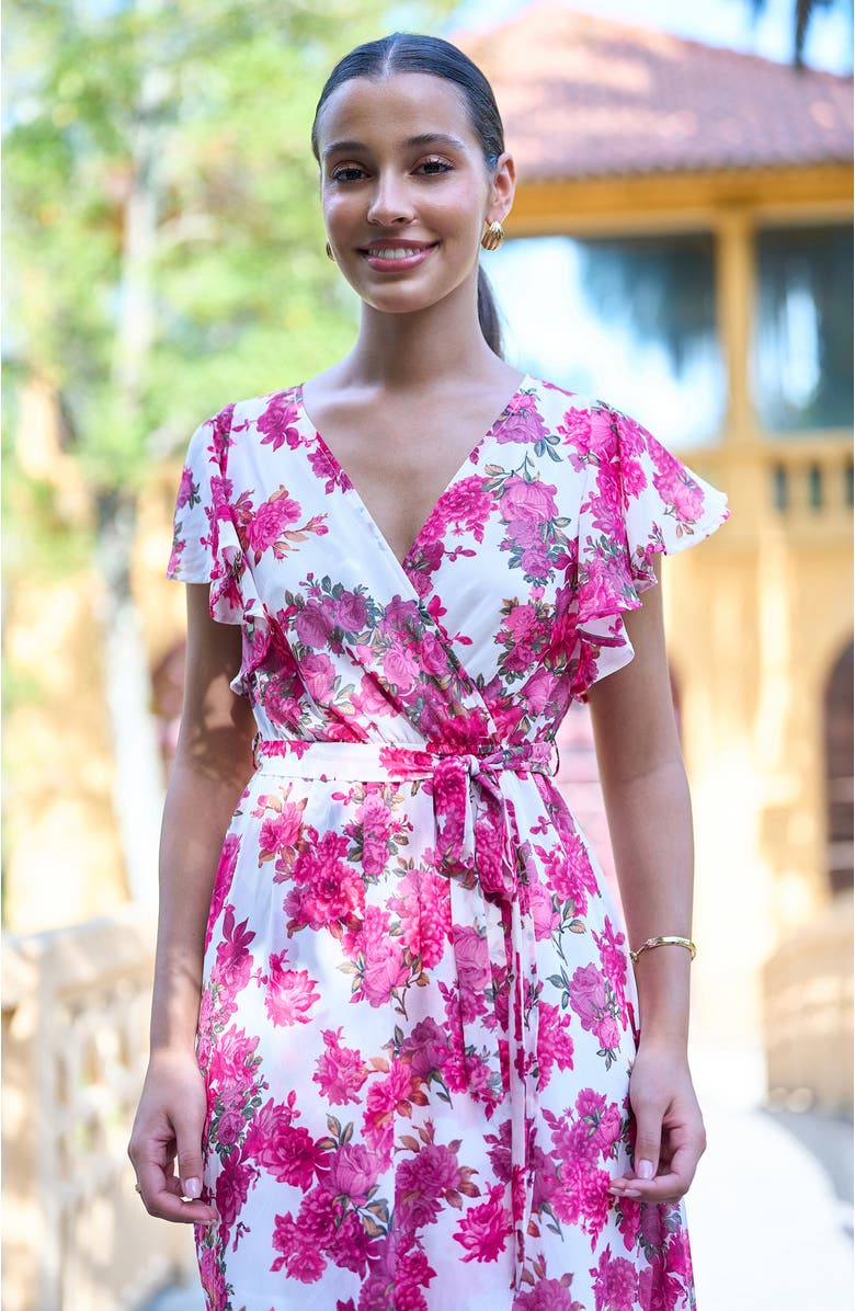 Yumi Floral Dipped Hem Wrap Dress, Alternate, color, Ivory