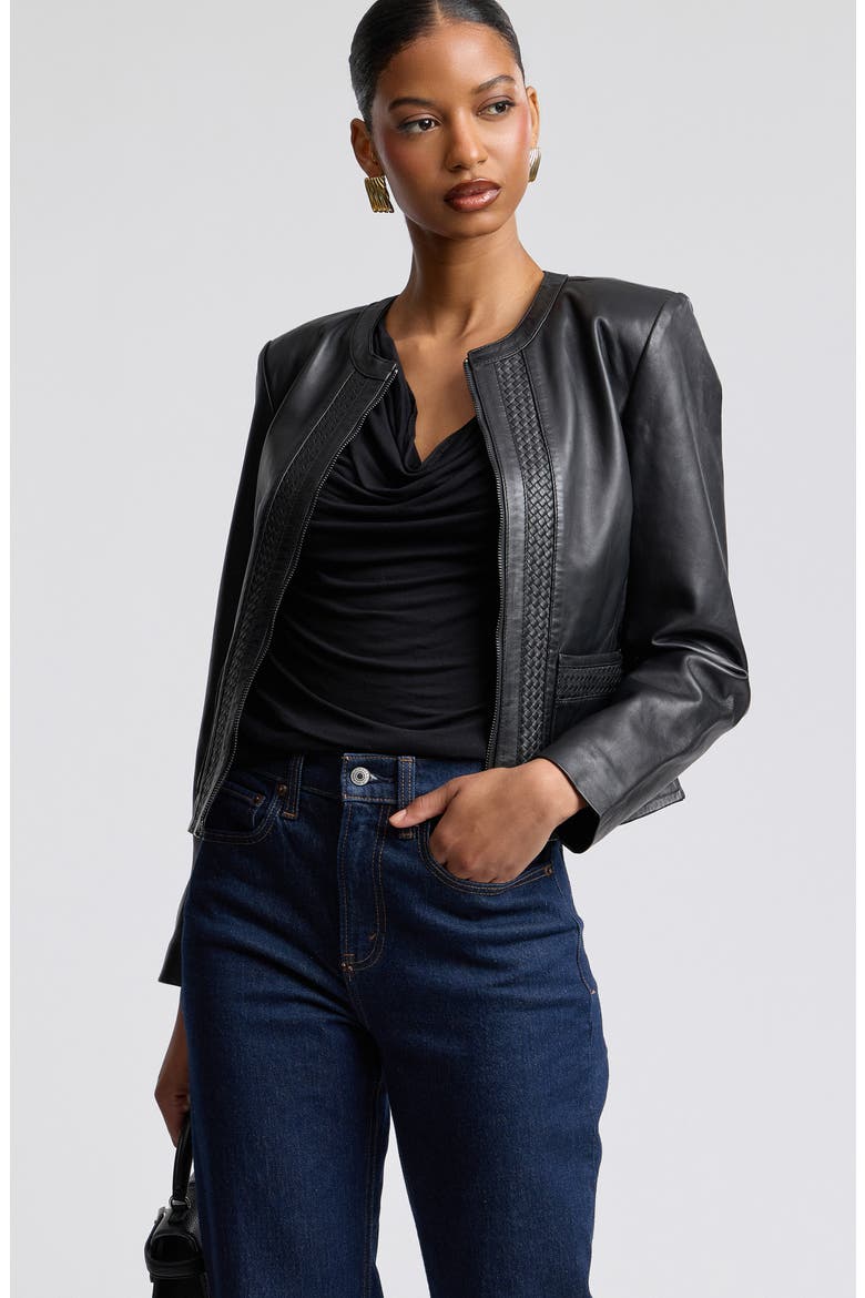 Basketweave Detail Leather Jacket, Alternate, color, BLACK