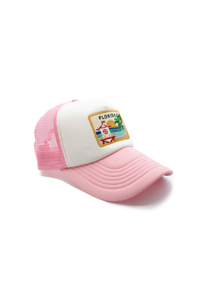 Florida Postcard Trucker Hat - Kids, Alternate, color, Pink & White