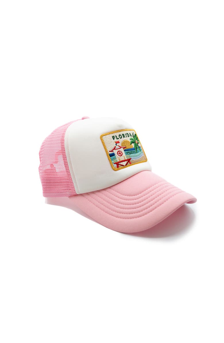 Rey To Z Florida Postcard Trucker Hat - Kids, Alternate, color, Pink & White