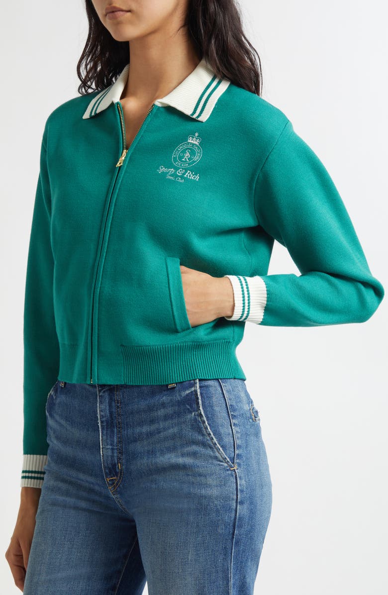 Sporty & Rich Crown Embroidered Full Zip Cardigan, Alternate, color, Alpine