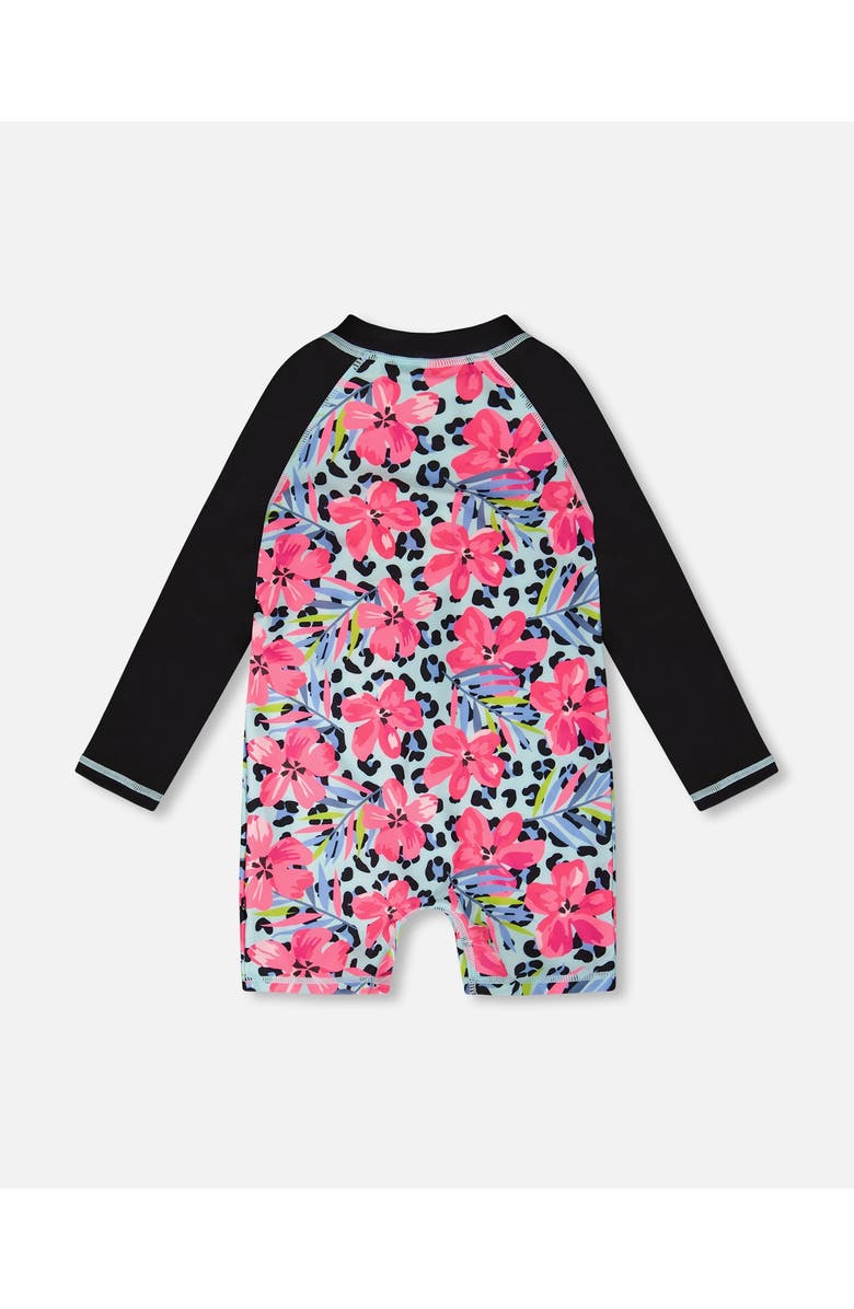 Deux par Deux One-Piece Long Sleeve Floral and Leopard Rashguard, Alternate, color, Blue Floral And Leopard Print