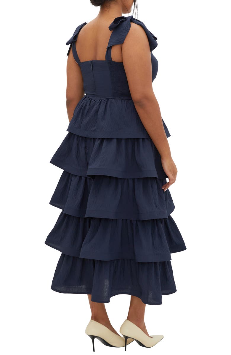 City Chic Elina Tie Strap Tiered Midi Dress, Alternate, color, Navy