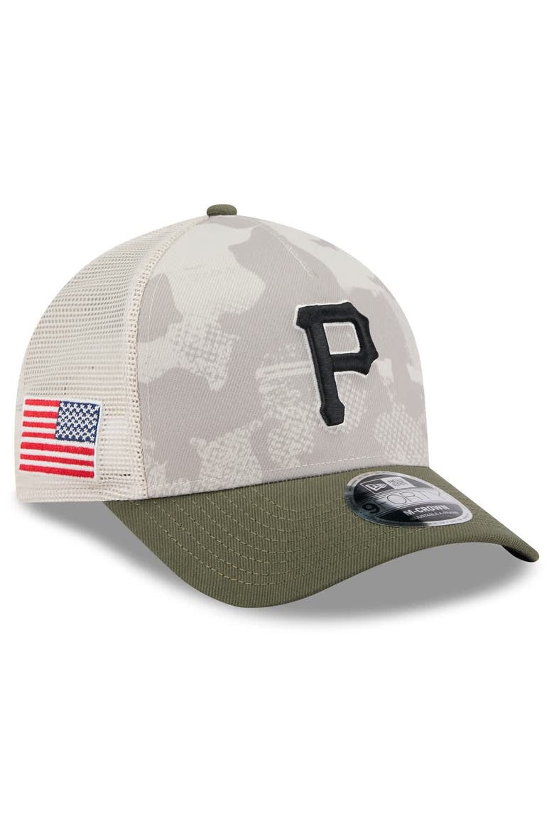 Men's New Era Light Beige/Olive Pittsburgh Pirates 2025 Armed Forces Day 9FORTY M-Crown A-Frame Adjustable Hat, Main, color, Light Beige