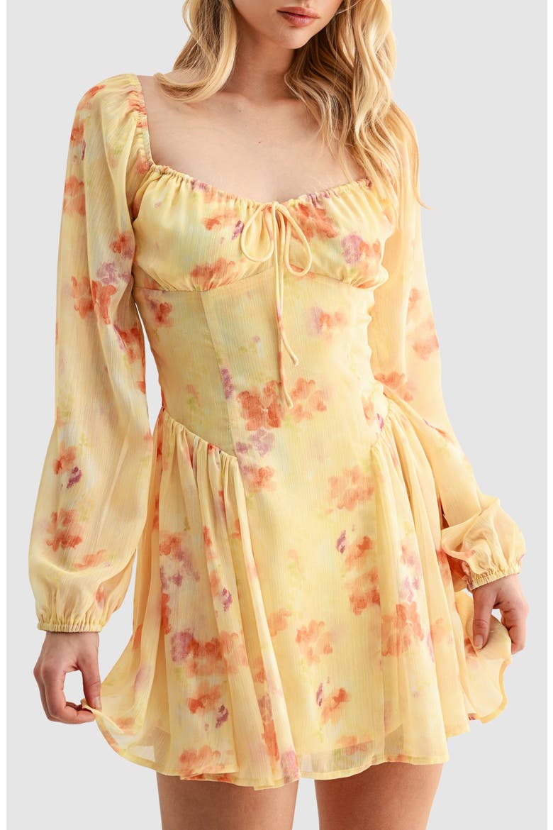 Floral Long Sleeve Chiffon Fit & Flare Minidress, Alternate, color, YELLOW FLORAL
