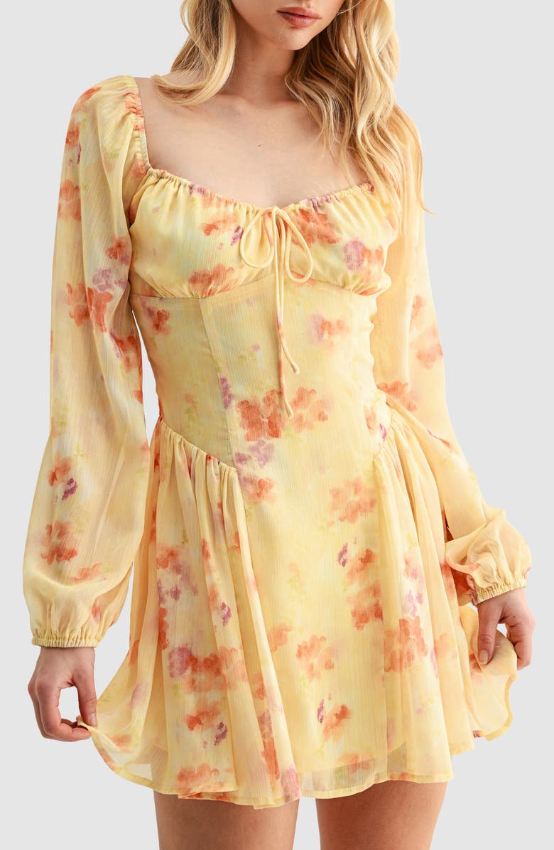 All in Favor Floral Long Sleeve Chiffon Fit & Flare Minidress, Alternate, color, Yellow Floral