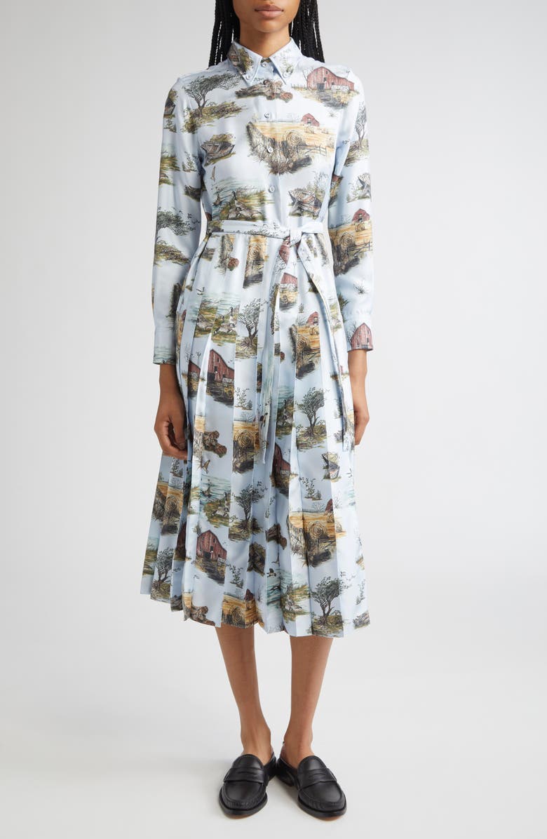 Thom Browne Long Sleeve Pleated Silk Toile Midi Shirtdress, Main, color, Seasonal Multi