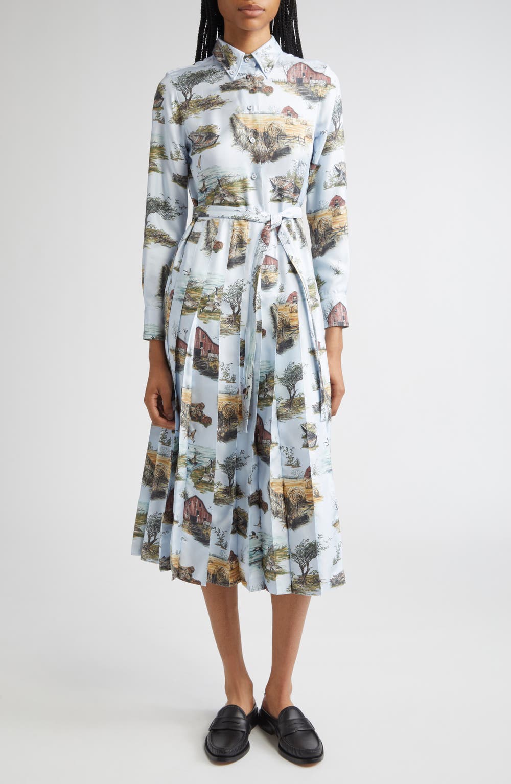 Long Sleeve Pleated Silk Toile Midi Shirtdress, color, SEASONAL MULTI