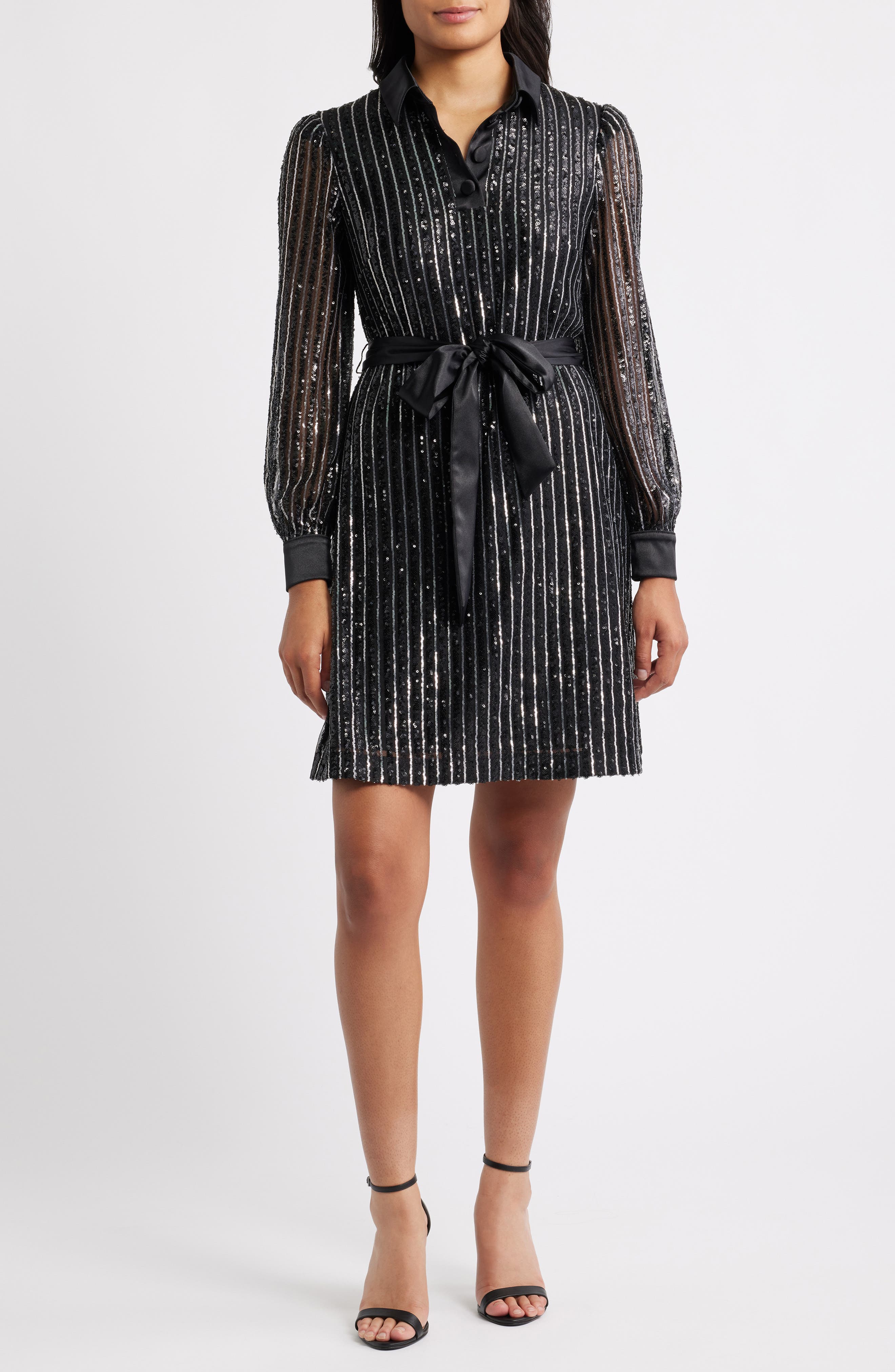 Eliza J Sequin Stripe Long Sleeve Belted Shirtdress