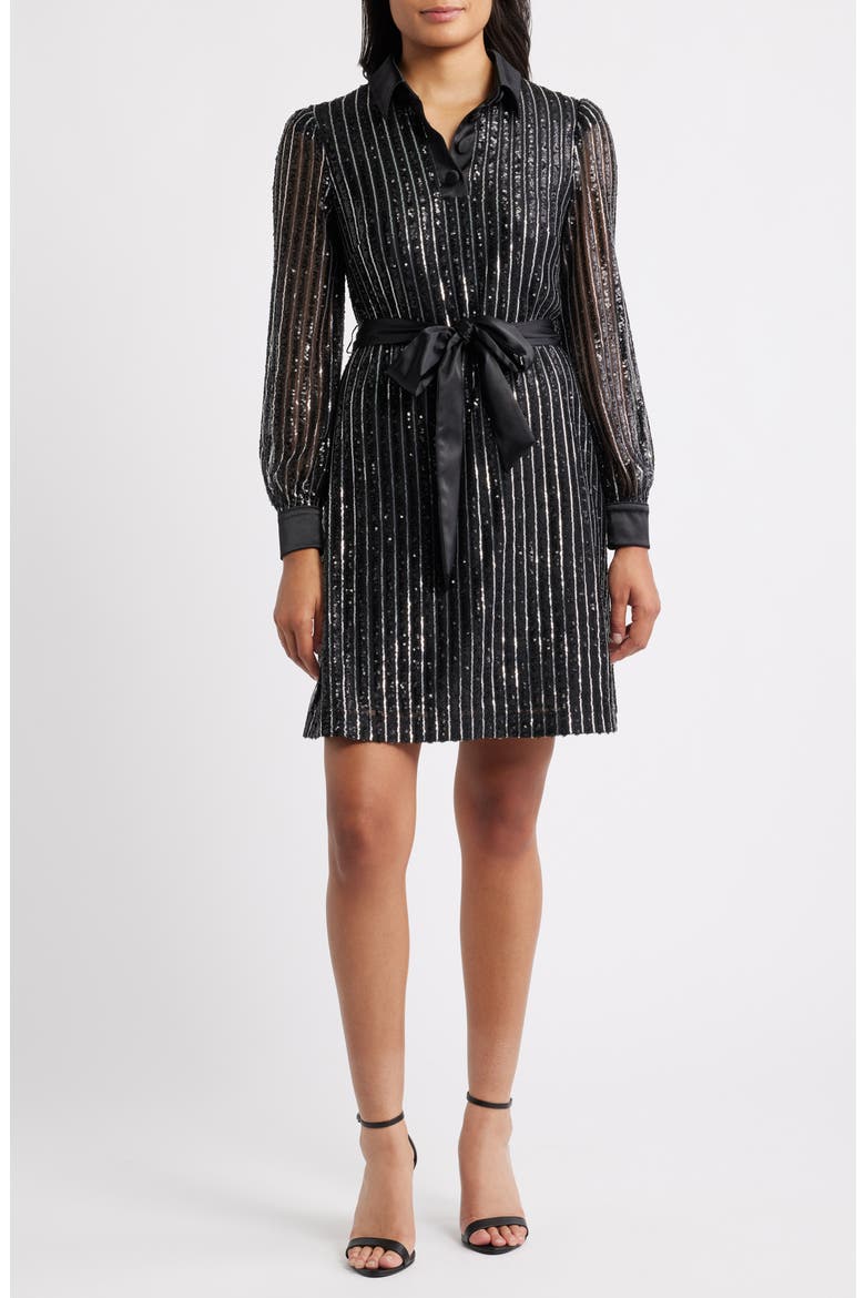 stripes binding long sleeve sequin party dress Sequin Stripe Long Sleeve Belted Shirtdress (Women)