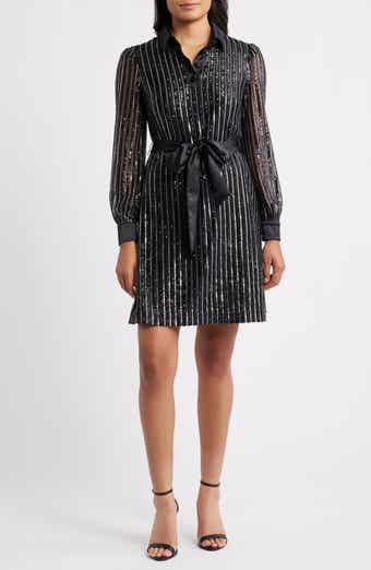 Eliza J Sequin Stripe Long Sleeve Belted Shirtdress