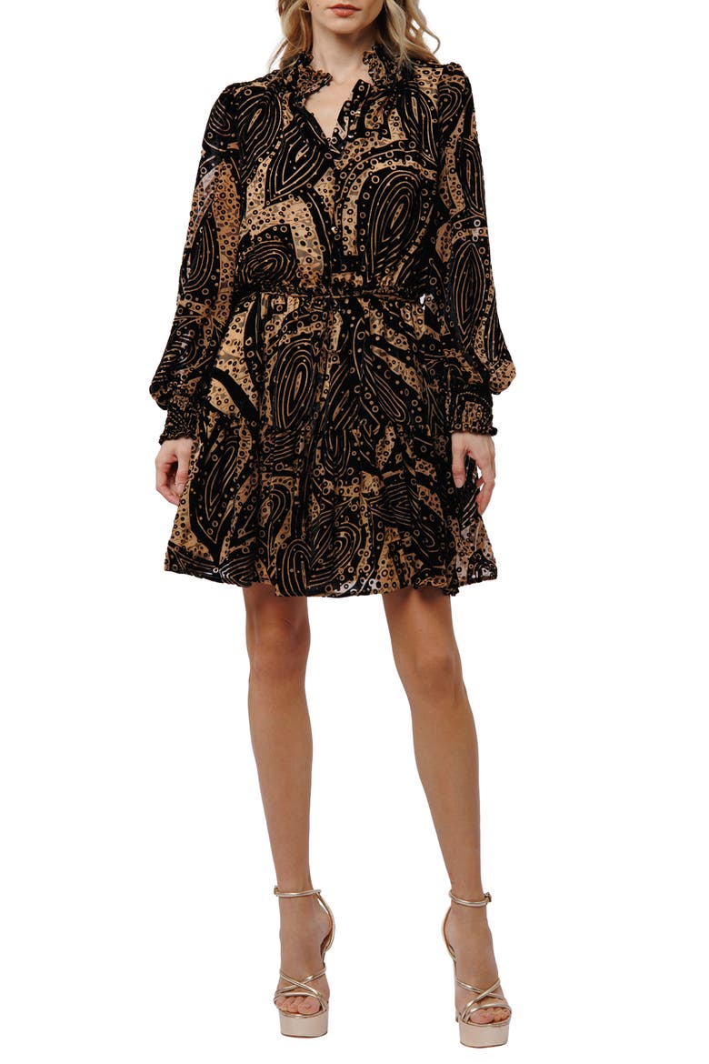 Caren Metallic Abstract Print Long Sleeve Dress, Main, color, BLACK