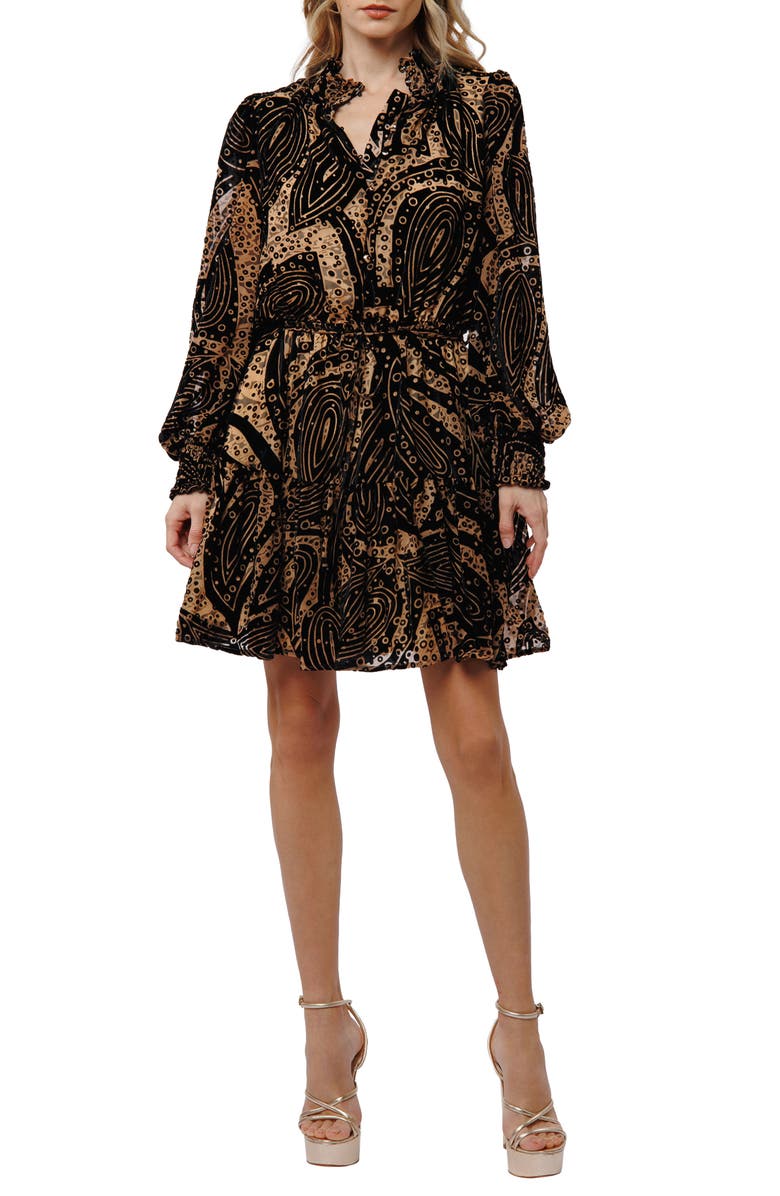 CIEBON Caren Metallic Abstract Print Long Sleeve Dress, Main, color, Black