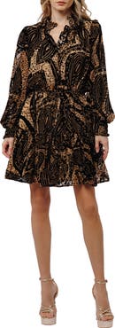 CIEBON Caren Metallic Abstract Print Long Sleeve Dress