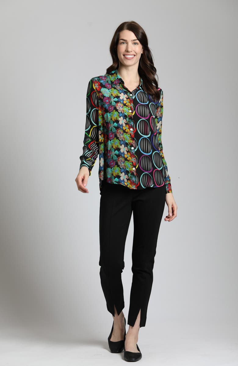 APNY Abstract Print Roll Tab Sleeve Chiffon Button-Up Shirt, Alternate, color, Black Multi