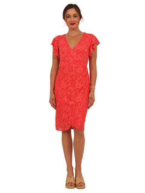 Womens Elevate Lace V-Neck Flutter Sleeve Faux Wrap Midi Dress