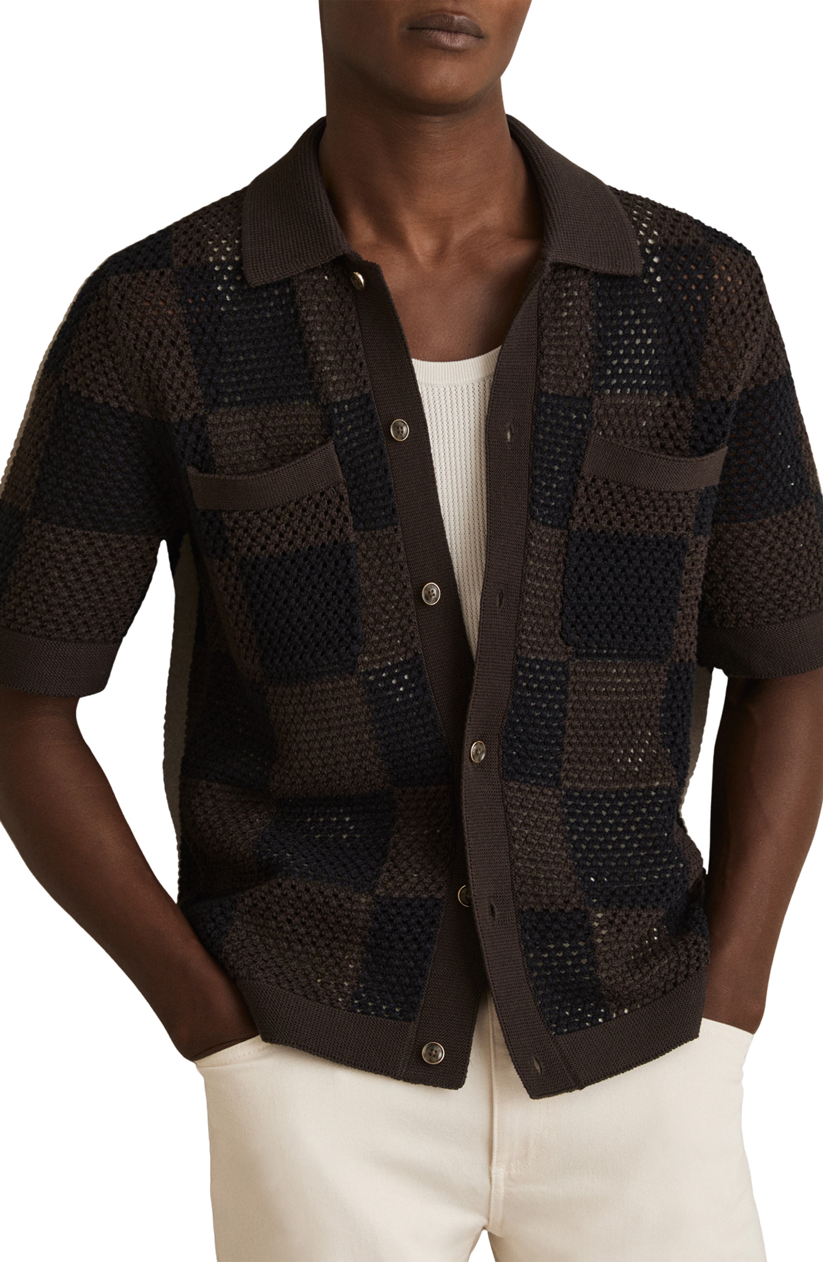 Alfred Open Knit Short Sleeve Button-Up Shirt