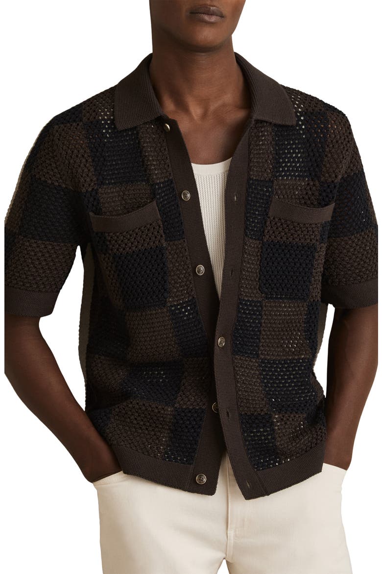 Alfred Open Knit Short Sleeve Button-Up Shirt, Main, color, CHOCOLATE/ NAVY