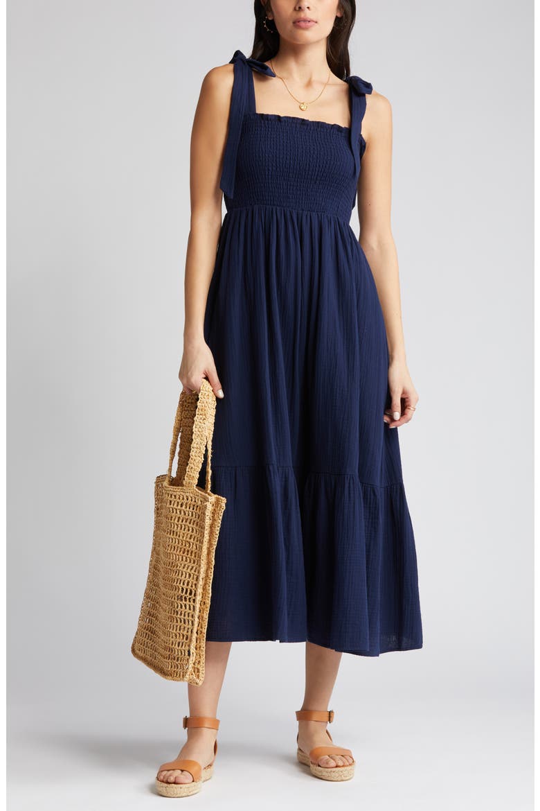 Smocked Tie Strap Cotton Gauze Midi Sundress, Main, color, NAVY PEACOAT