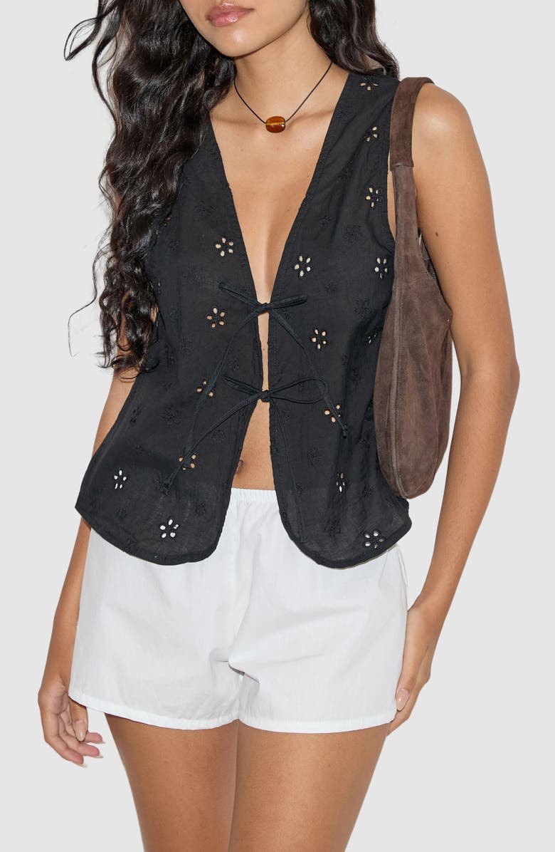 Motel Kayve Tie Front Vest, Alternate, color, Flower Broderie Black