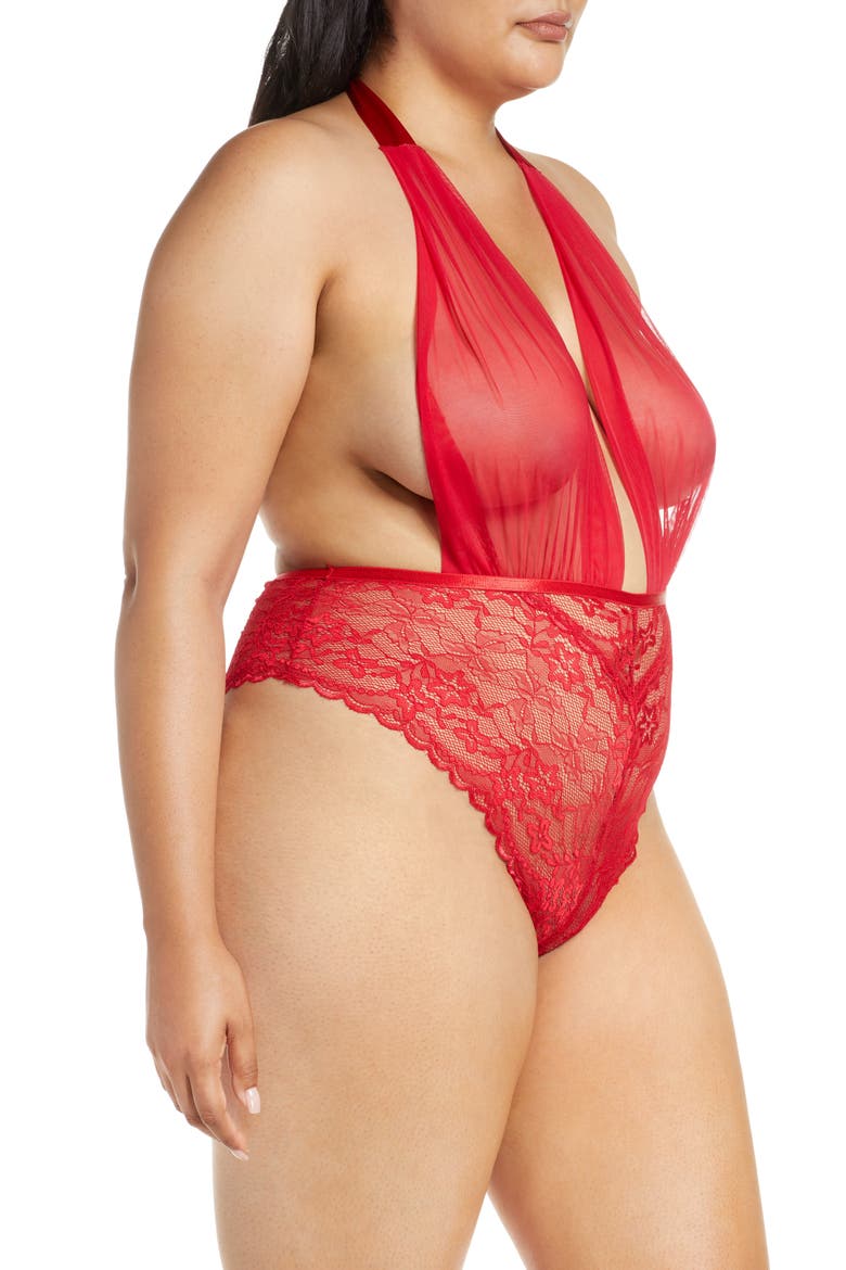Aria Mesh Plunge Halter Teddy, Alternate, color, RED