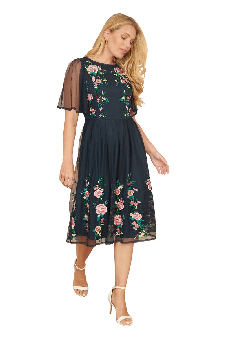 Embroidered Mesh Sleeve Prom Dress, Main, color, Navy