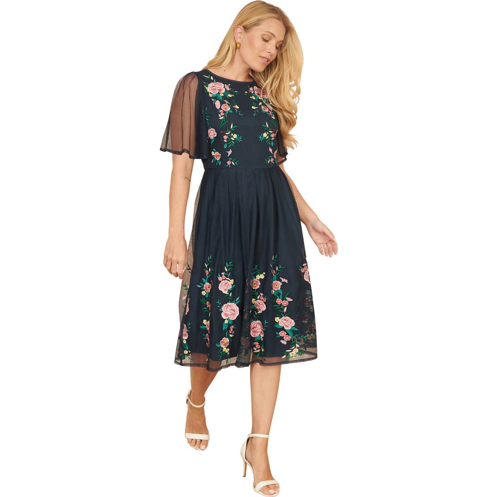 Yumi Embroidered Mesh Sleeve Prom Dress in Navy at Nordstrom, Size 6