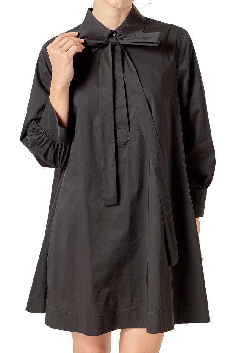 Bow Long Sleeve Shirtdress, Alternate, color, BLACK