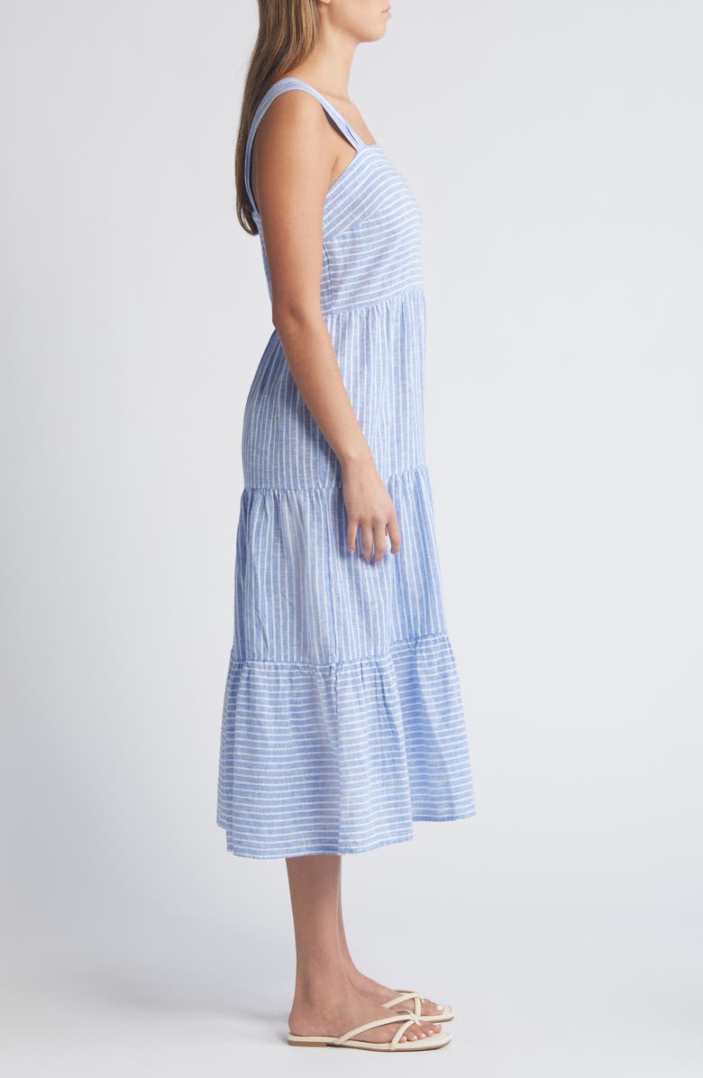 beachlunchlounge Lina Stripe Linen & Cotton Tiered Midi Sundress, Alternate, color, 