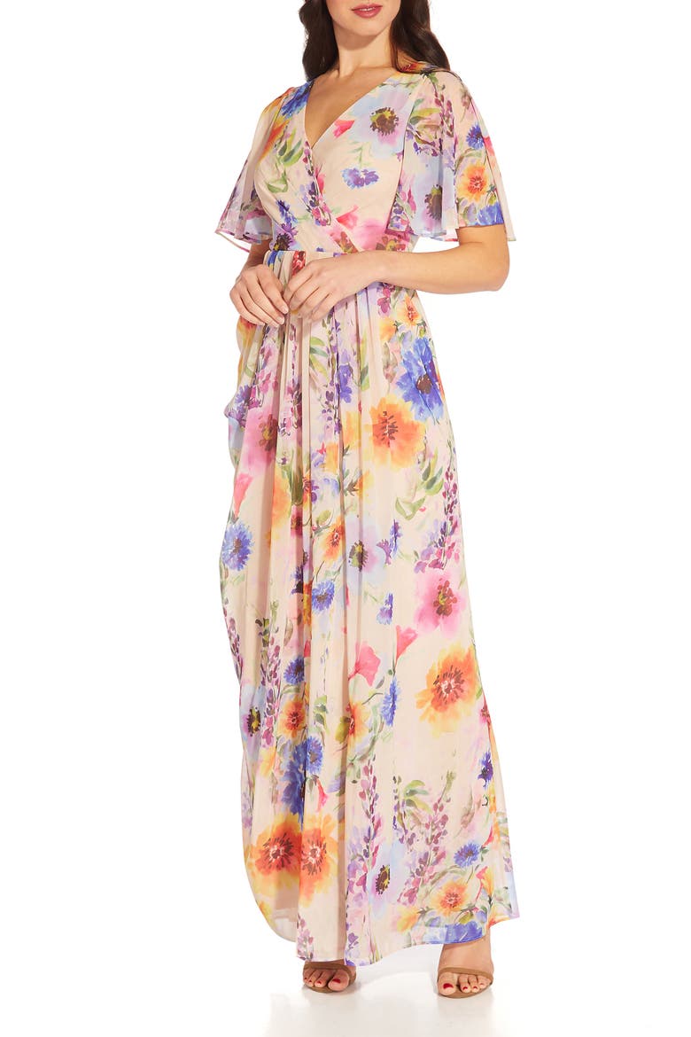 Floral Print Chiffon Gown, Alternate, color, PRALINE MULTI