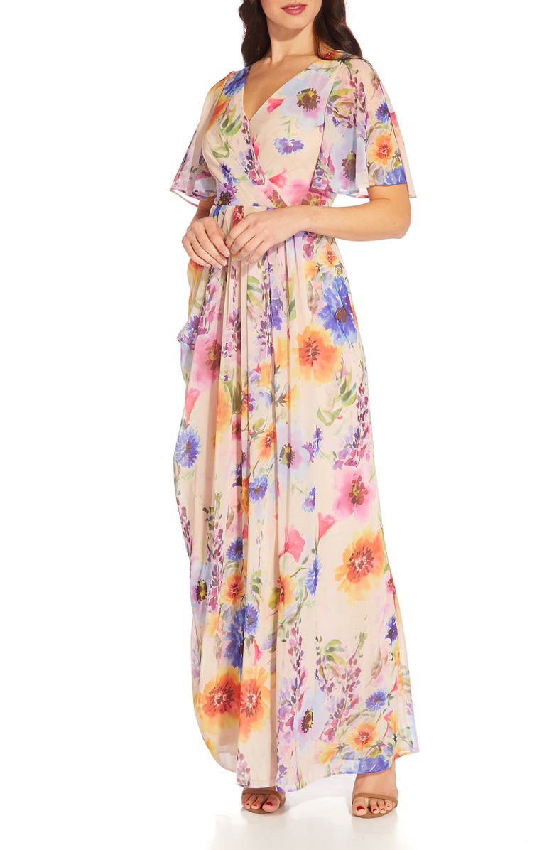 Adrianna Papell Floral Print Chiffon Gown, Alternate, color,