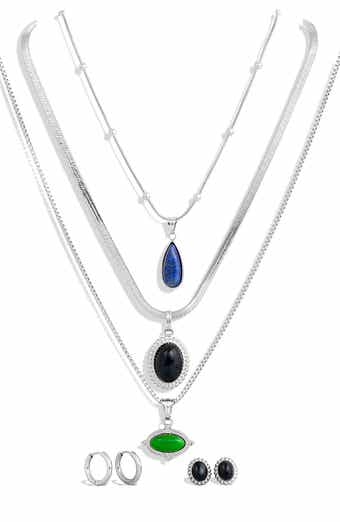SAVVY CIE JEWELS Holiday Semiprecious Stone Pendants, Chains & Earrings 8-Piece Set