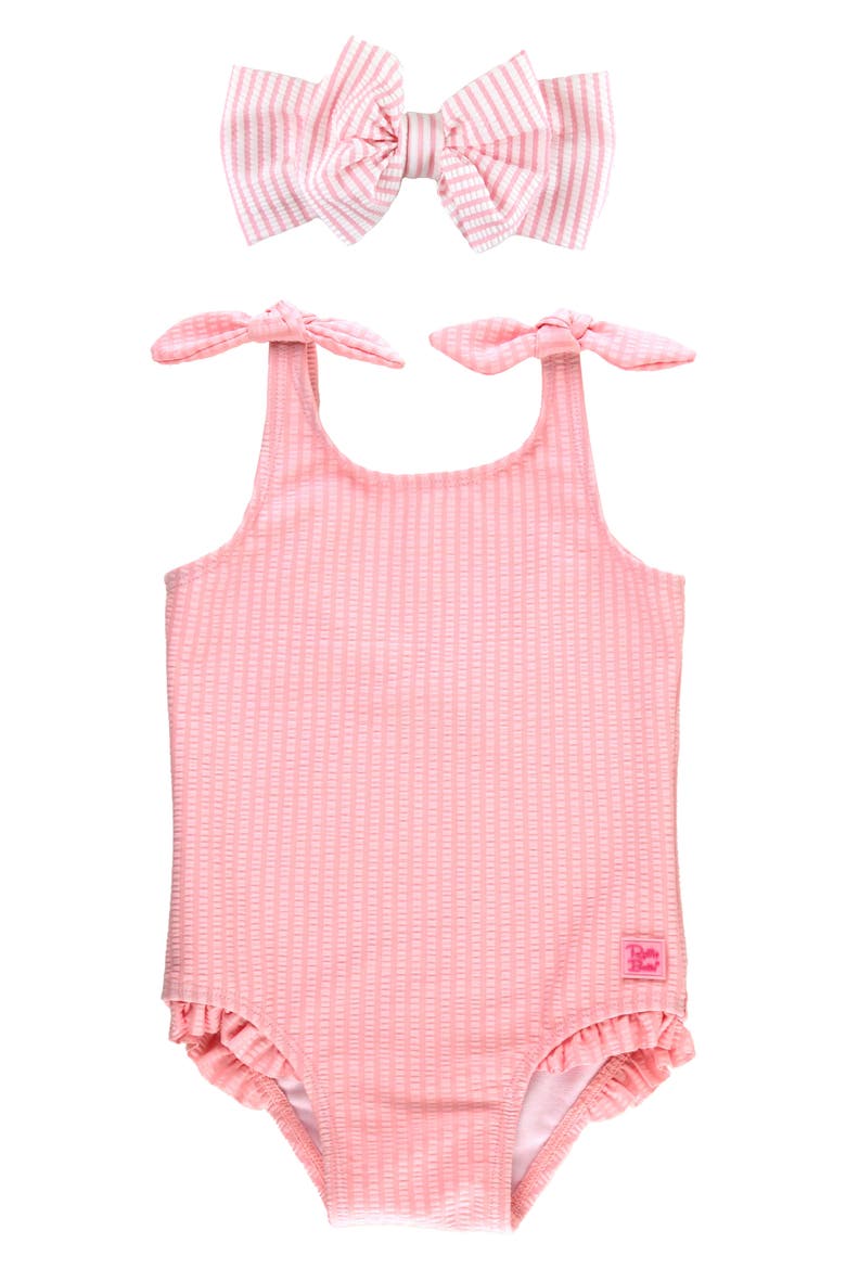 Kids' Seersucker One-Piece Swimsuit & Headband Set, Main, color, PINK
