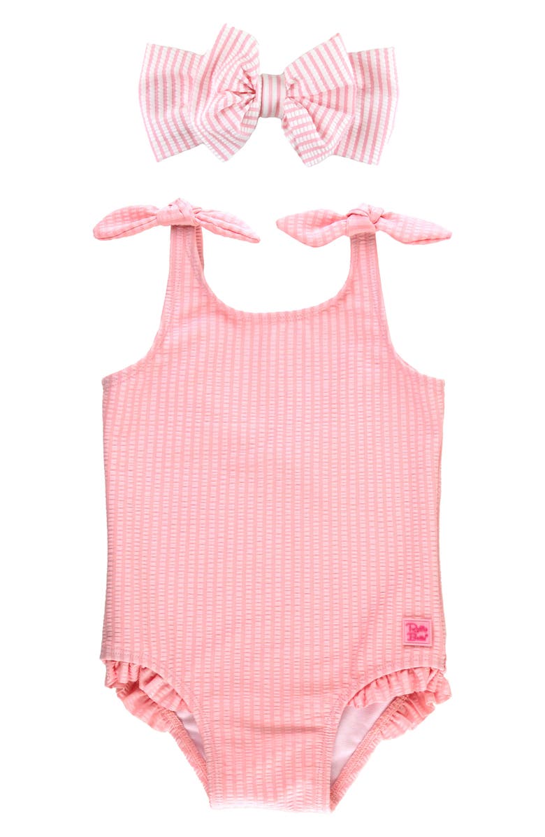 RuffleButts Kids' Seersucker One-Piece Swimsuit & Headband Set, Main, color, Pink