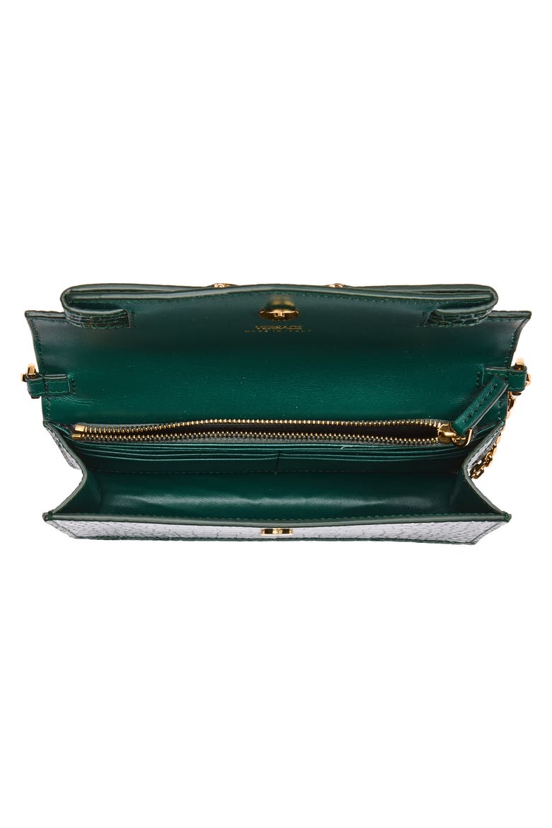 Medusa Croc Embossed Leather Wallet on a Chain, Alternate, color, DARK EMERALD GOLD