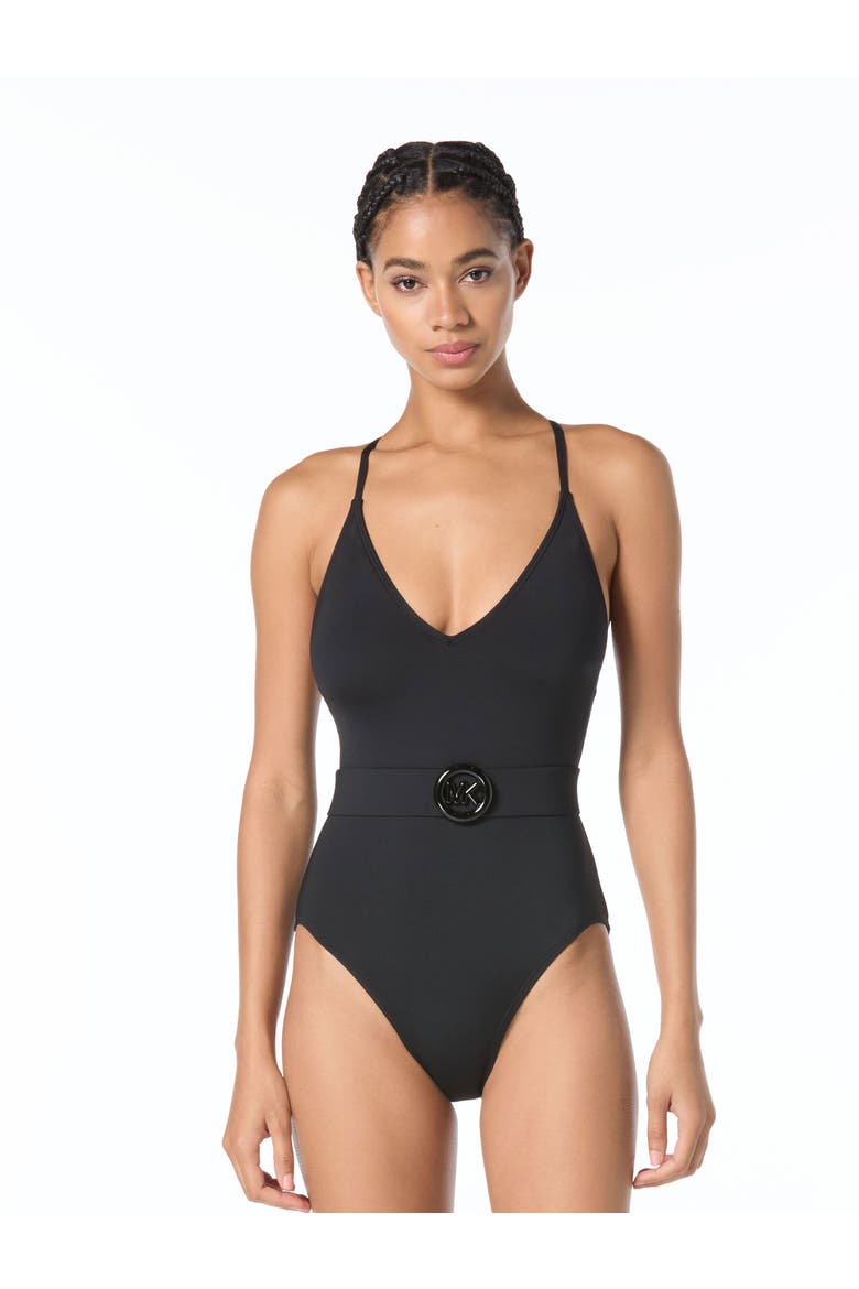 Bubble Logo Cross Back One-Piece Swimsuit, Main, color, Black